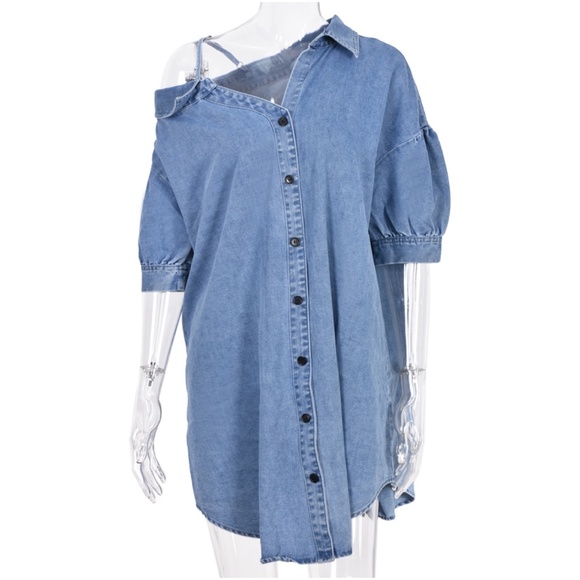 Denim Button Down Puff Sleeve One Shoulder Shirt Dress - Picture 10 of 10
